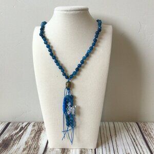 Blue Apatite Handmade Gemstone Bead Hand Knotted Healing Mala Necklace